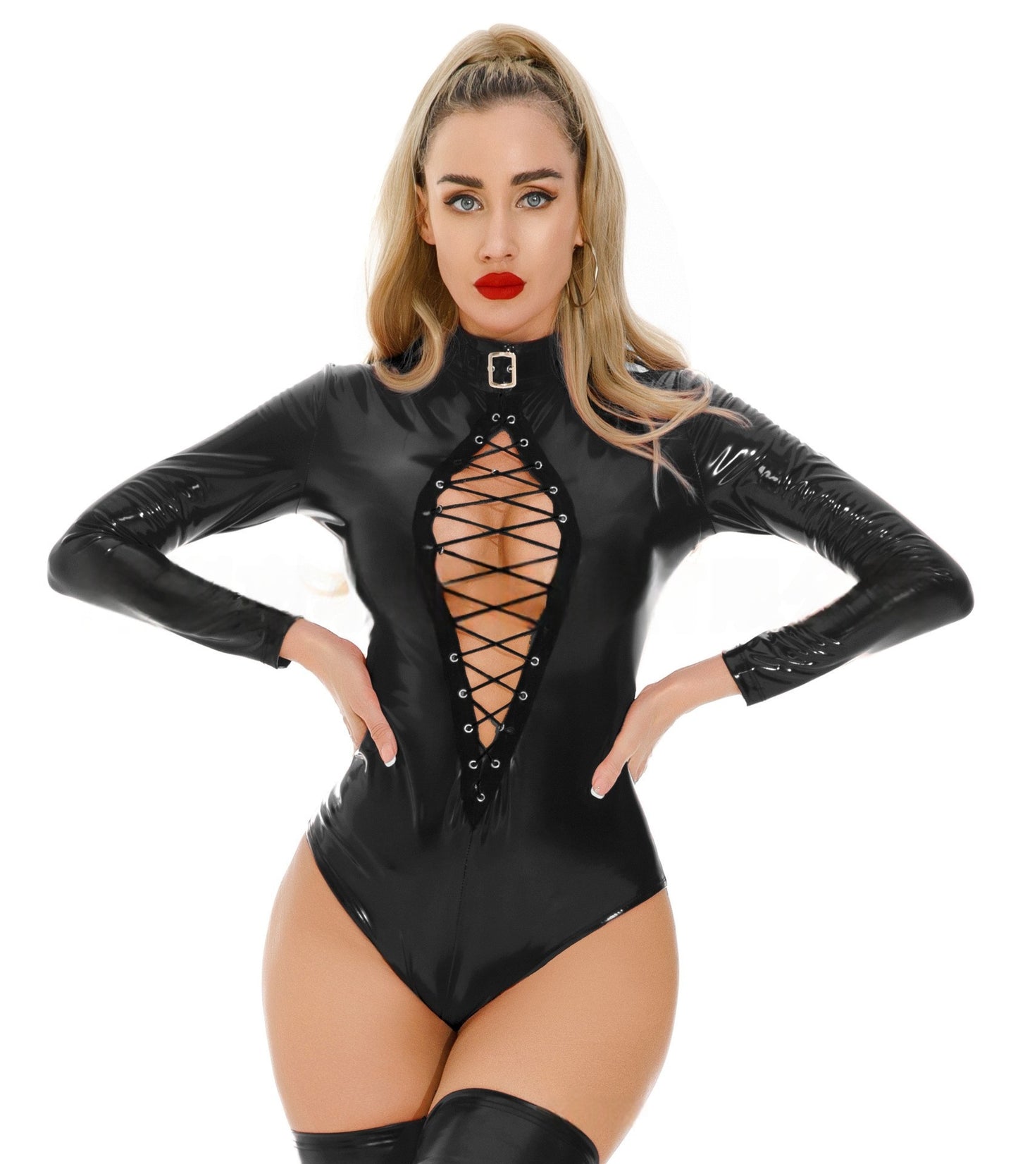 Black Vinyl Bodysuit Long Sleeve