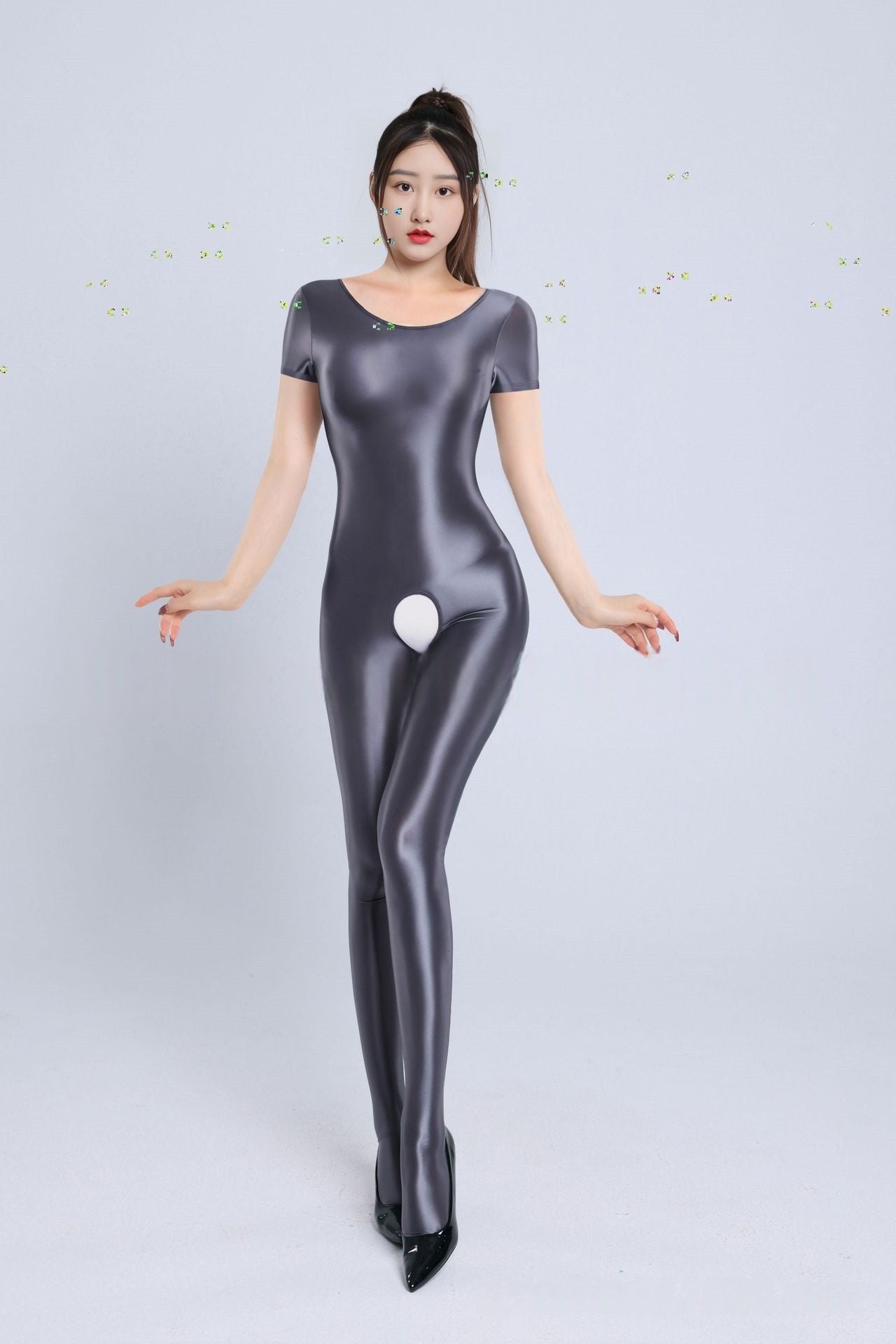 Short-Sleeved Oil Shiny Crotchless Bodystocking
