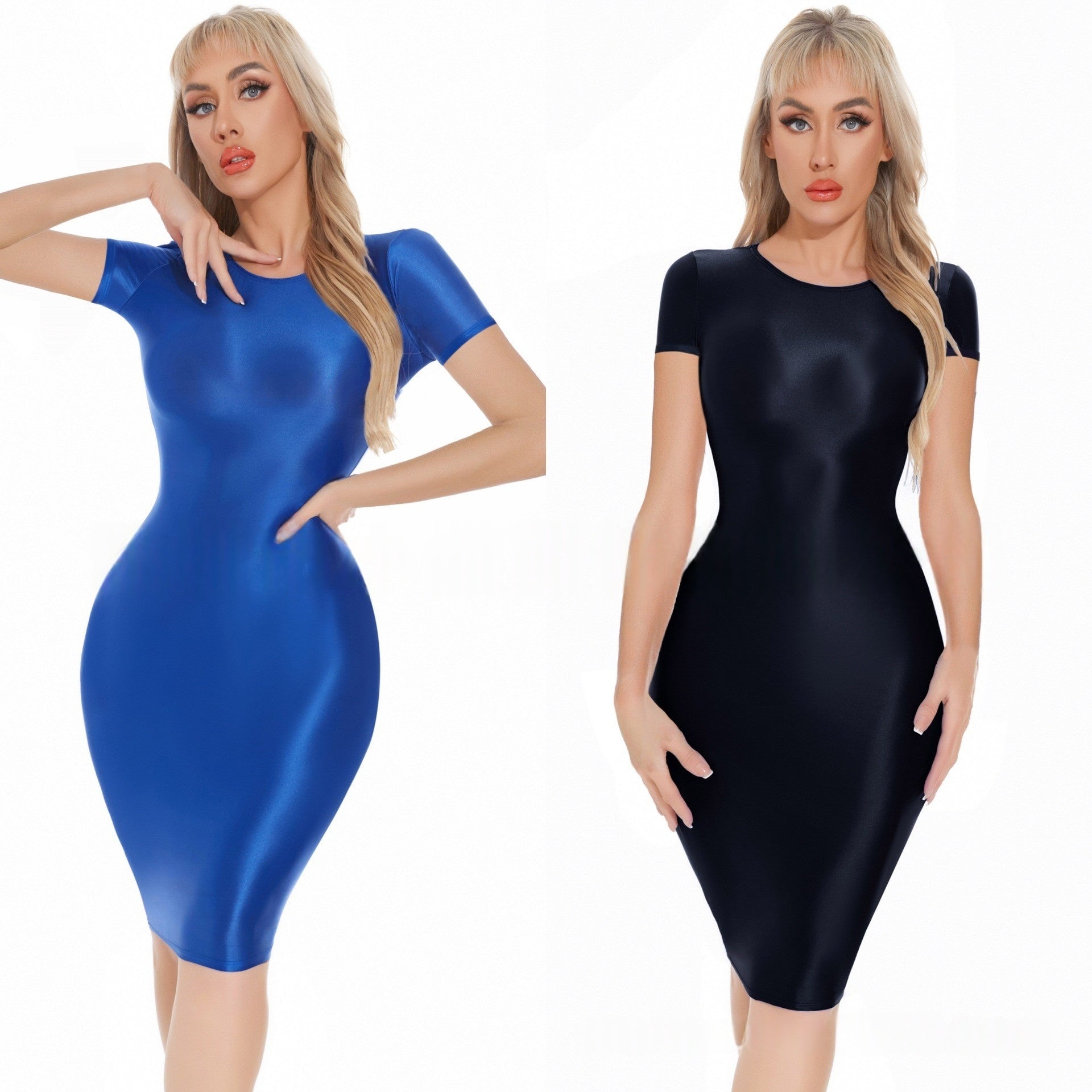 Short-Sleeved Oil Shiny Sexy Bodycon Dress