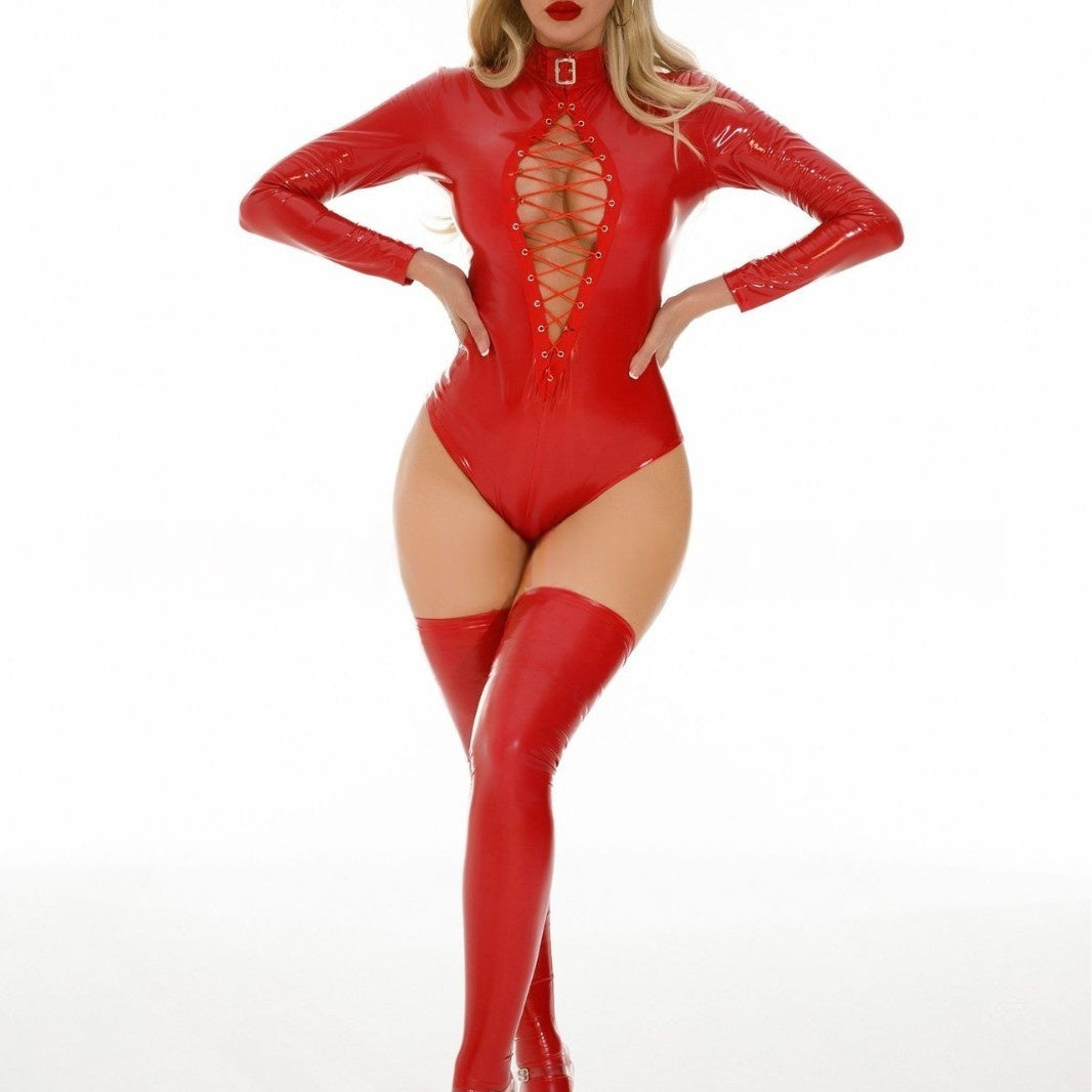 Black Vinyl Bodysuit Long Sleeve