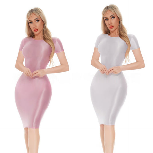 Short-Sleeved Oil Shiny Sexy Bodycon Dress