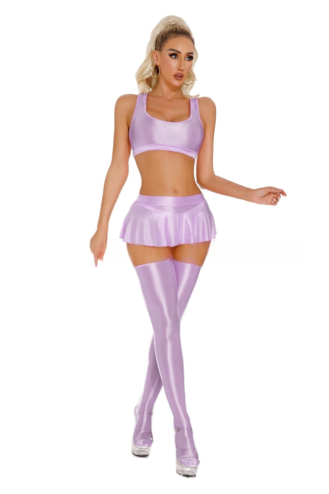 Oil Shiny Sexy Skirt Set Cheerleader