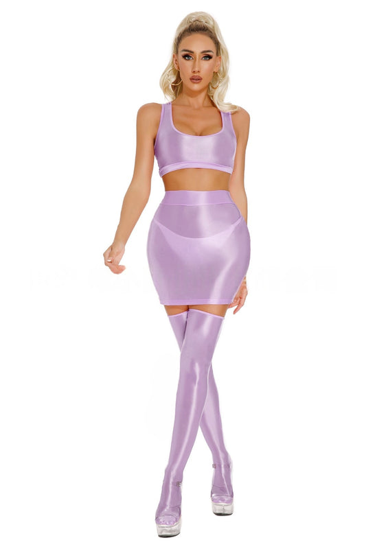 Oil Shiny Sexy Bodycon Skirt Set