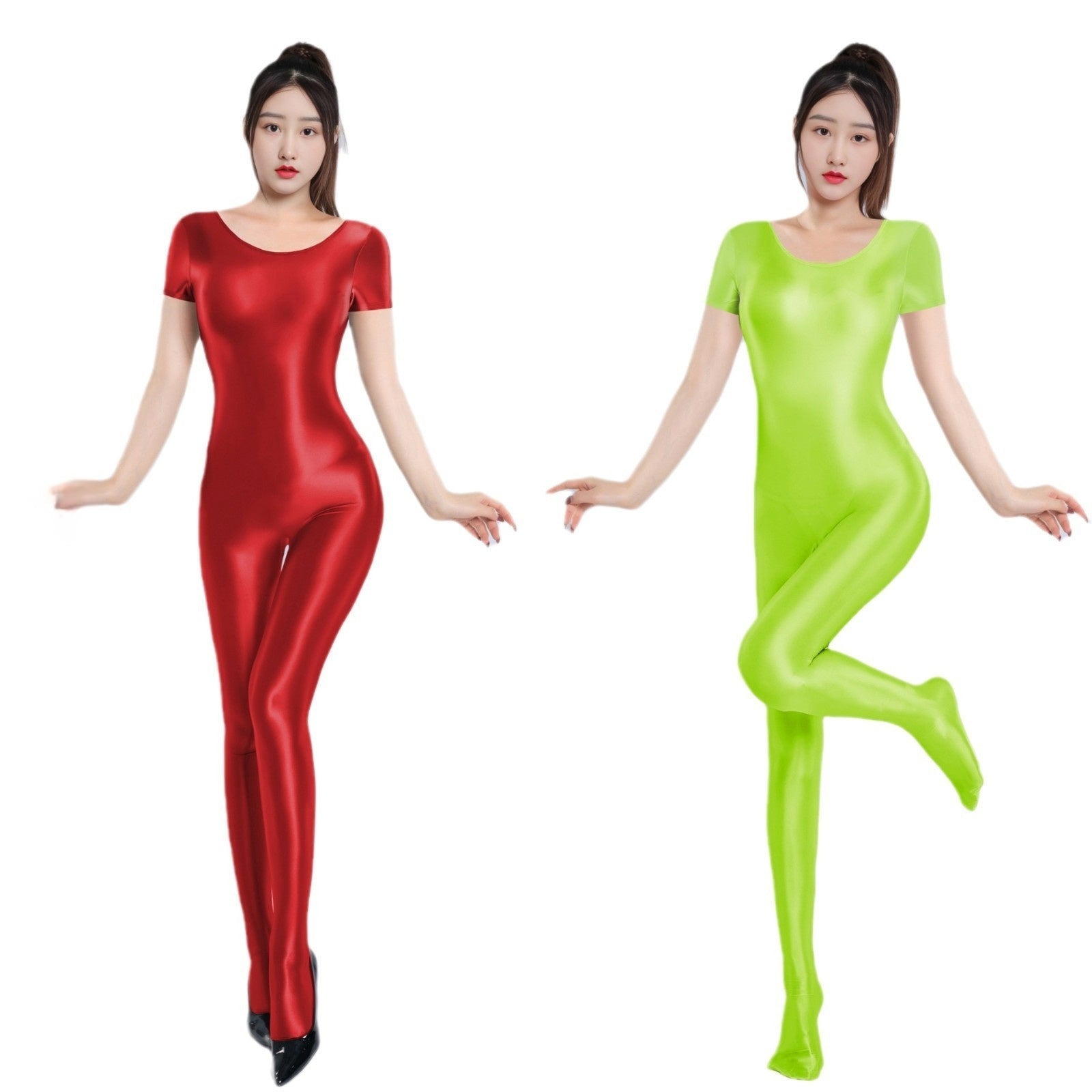 Short-Sleeved Oil Shiny Bodystocking