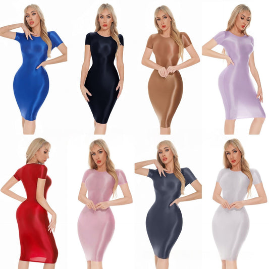 Short-Sleeved Oil Shiny Sexy Bodycon Dress