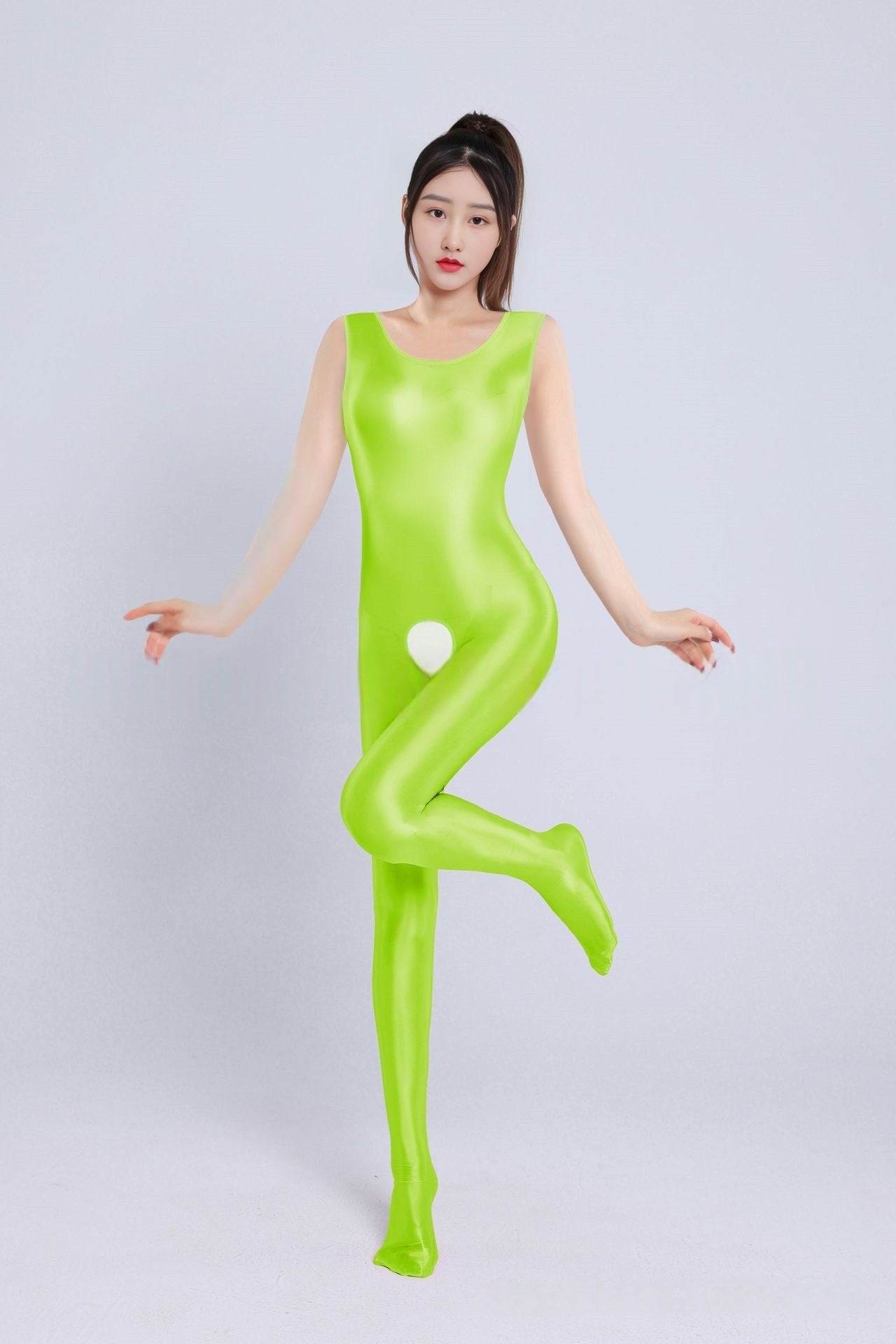 Sleeveless Oil Shiny Crotchless Bodystocking