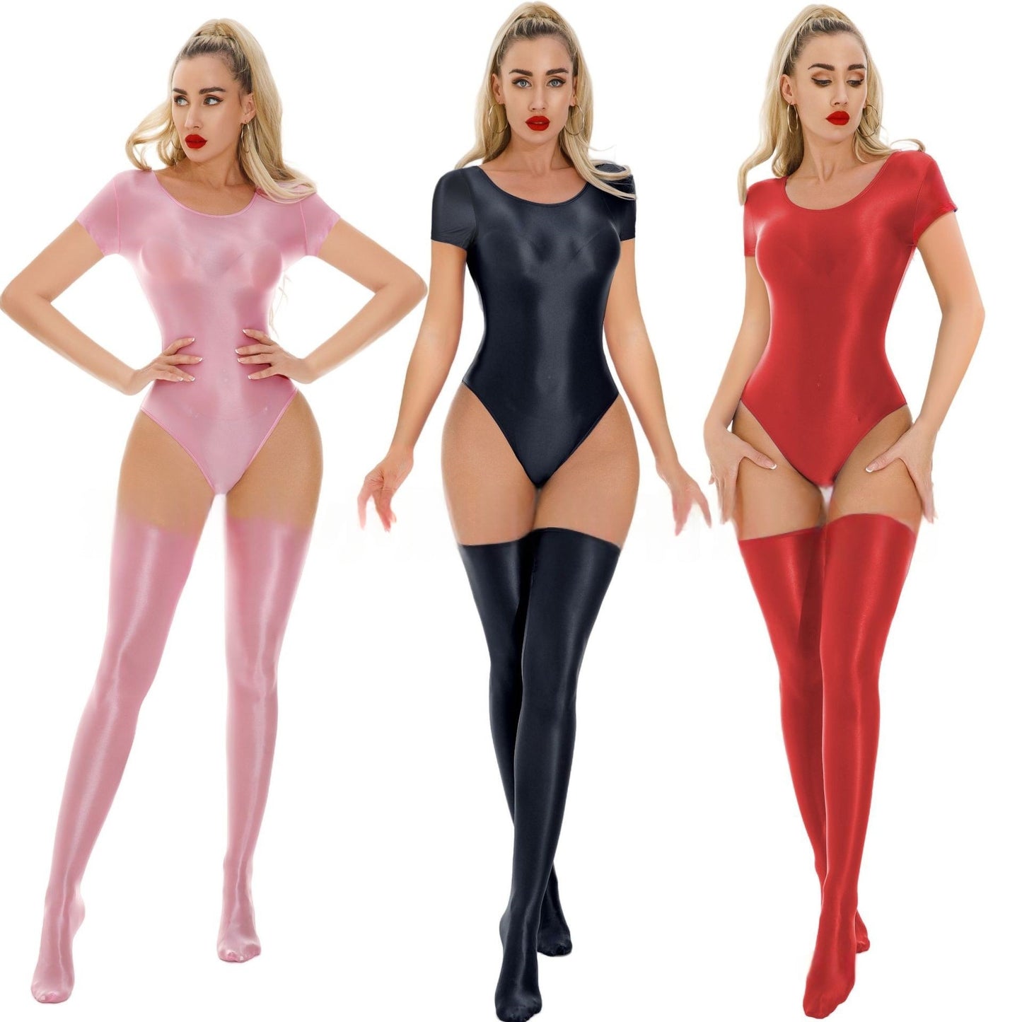 Short-Sleeved Oil Shiny Sexy Bodysuit