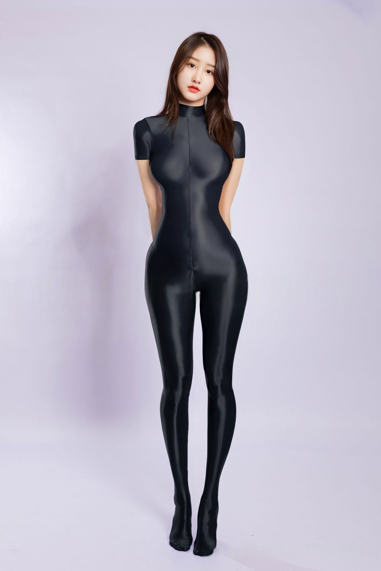 Short-Sleeved High Neck Oil Shiny Bodystocking