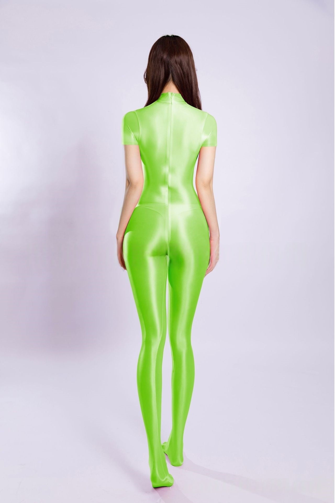 Short-Sleeved High Neck Oil Shiny Bodystocking