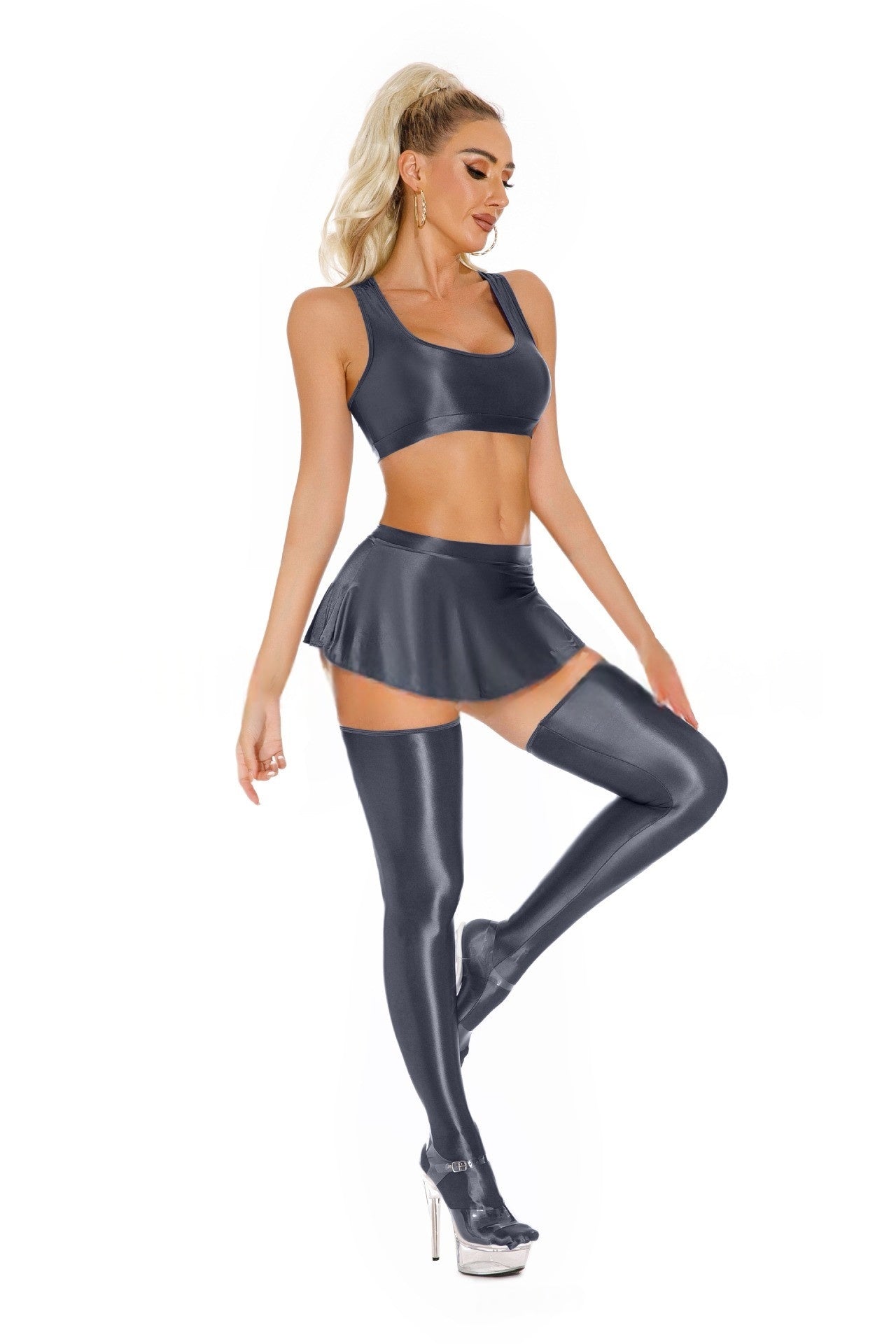 Oil Shiny Sexy Skirt Set Cheerleader