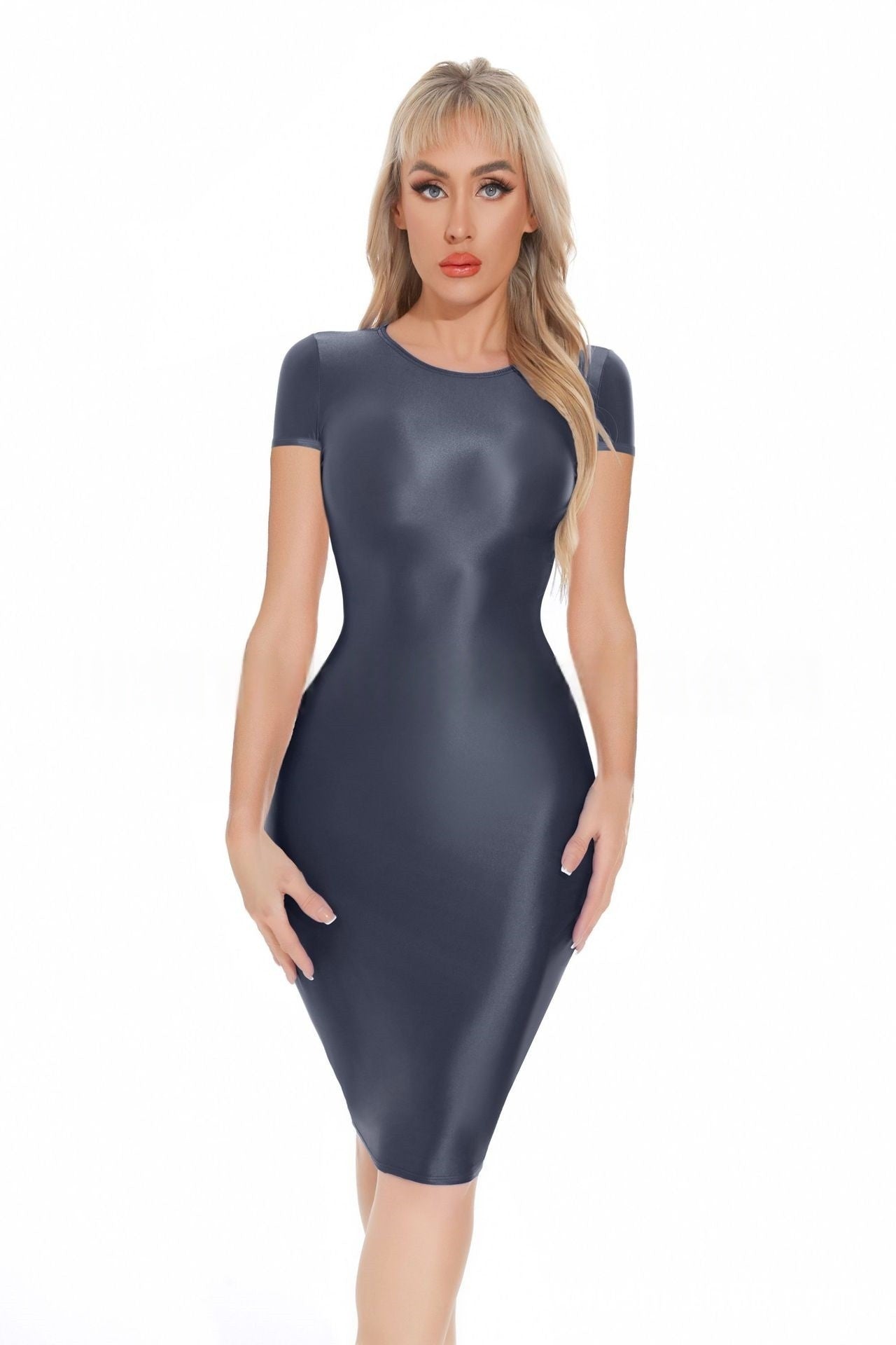Short-Sleeved Oil Shiny Sexy Bodycon Dress