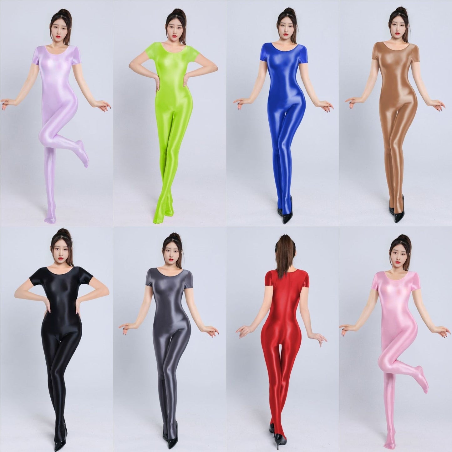 Short-Sleeved Oil Shiny Bodystocking