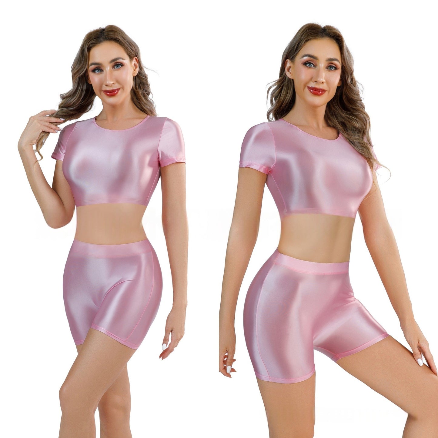 Oil Shiny Sexy Croptop With Shorts