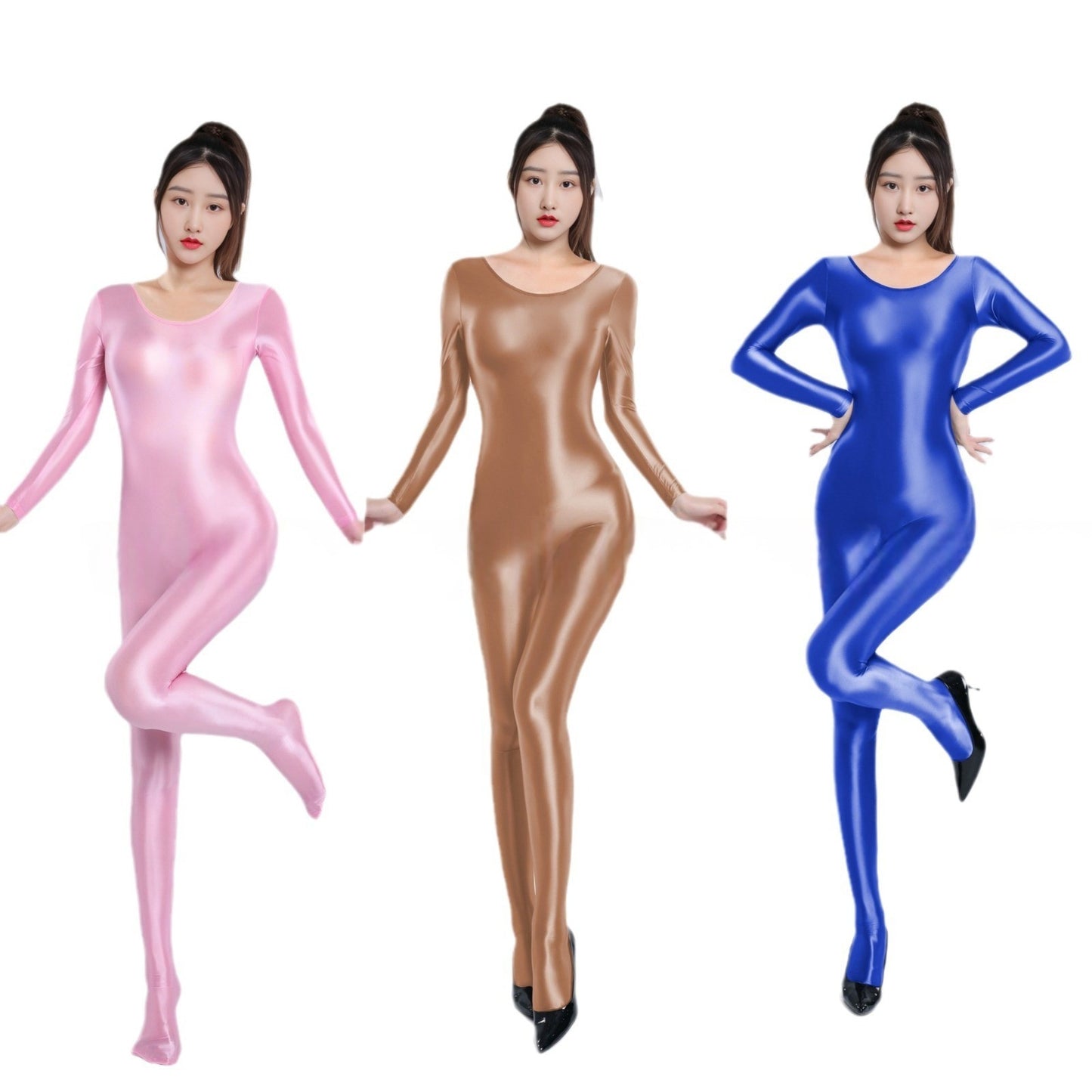 Long-Sleeved High Neck Oil Shiny Bodystocking