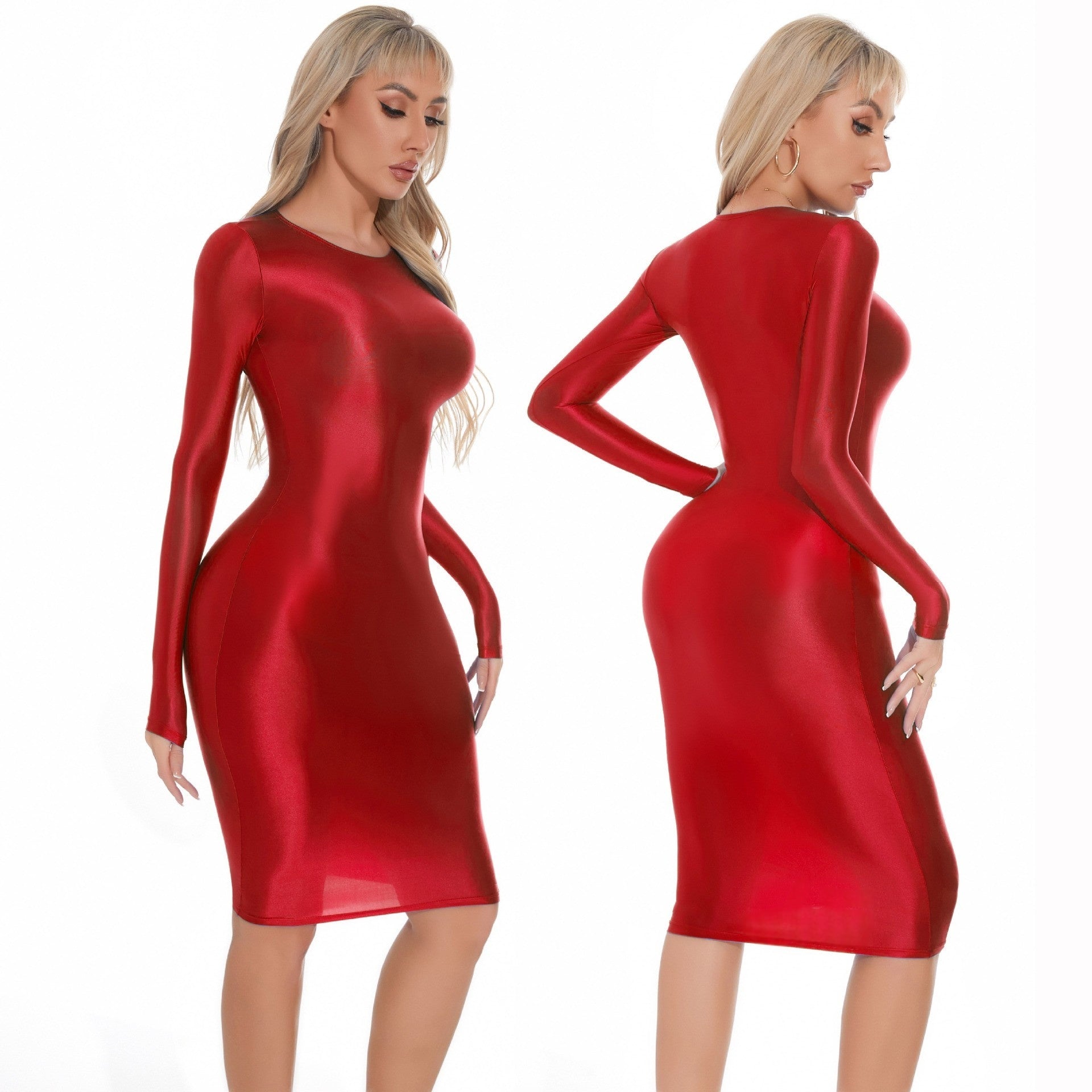 Long-Sleeved Oil Shiny Sexy Bodycon Dress