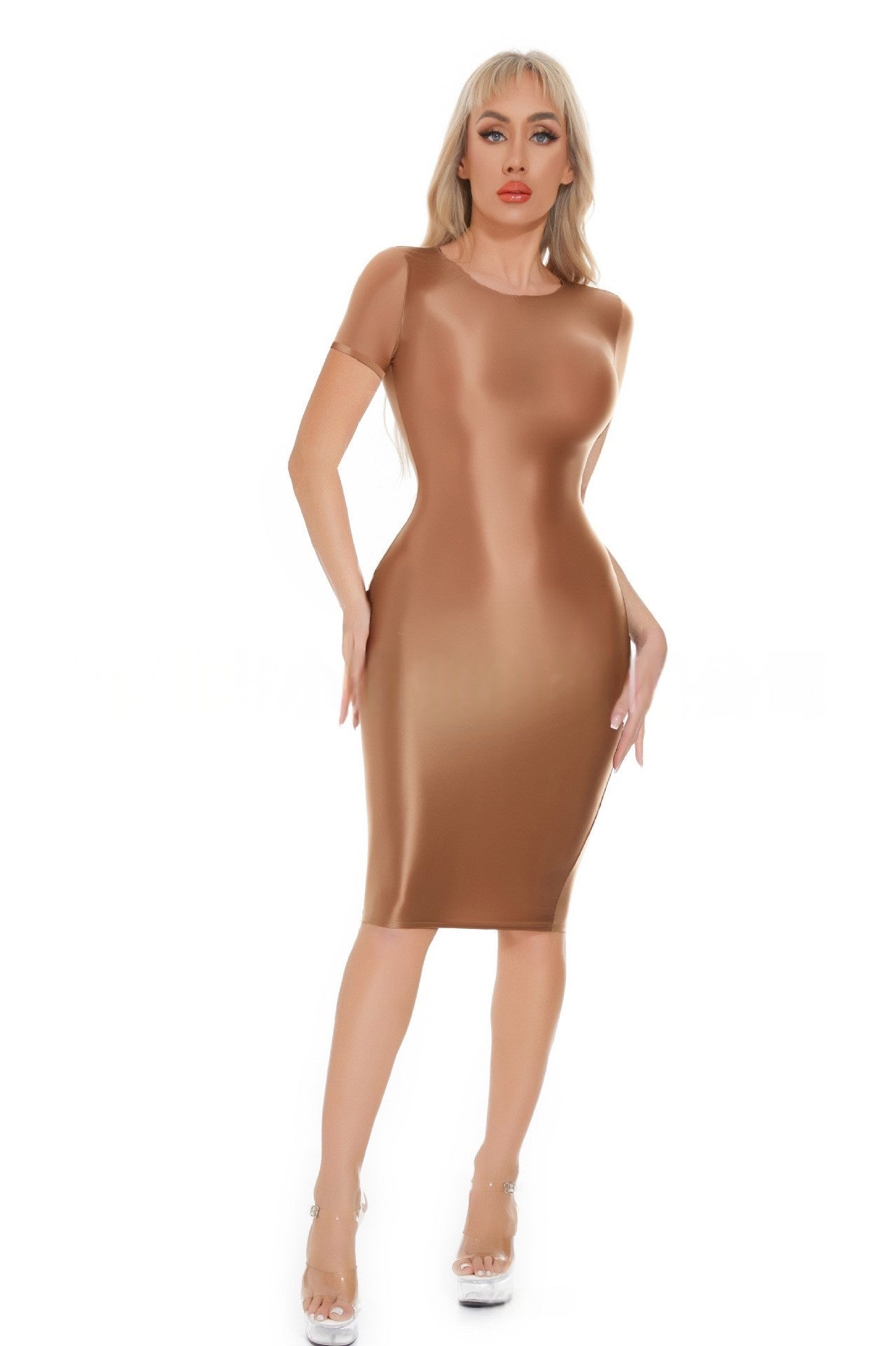 Short-Sleeved Oil Shiny Sexy Bodycon Dress