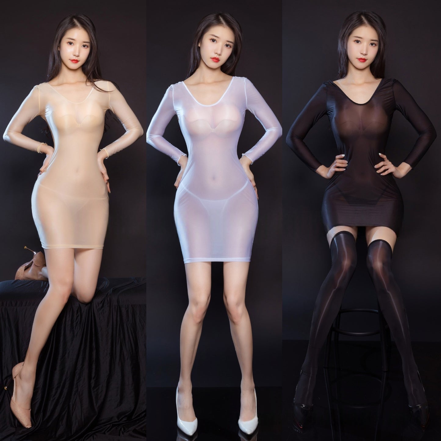 Ultra-Thin Long-Sleeved V-Neck Oil Shiny Sexy Bodycon Dress