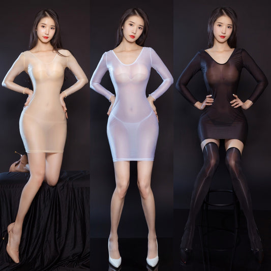 Ultra-Thin Long-Sleeved V-Neck Oil Shiny Sexy Bodycon Dress