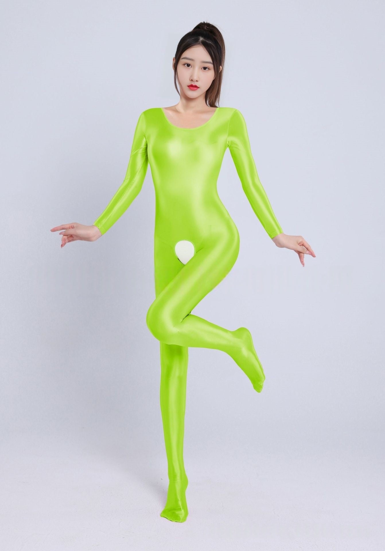 Long-Sleeved Oil Shiny Crotchless Bodystocking