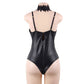 Black Leather Bodysuit Sexy Lingerie Mature Latex Women  Teddy Choke