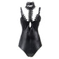 Black Leather Bodysuit Sexy Lingerie Mature Latex Women  Teddy Choke