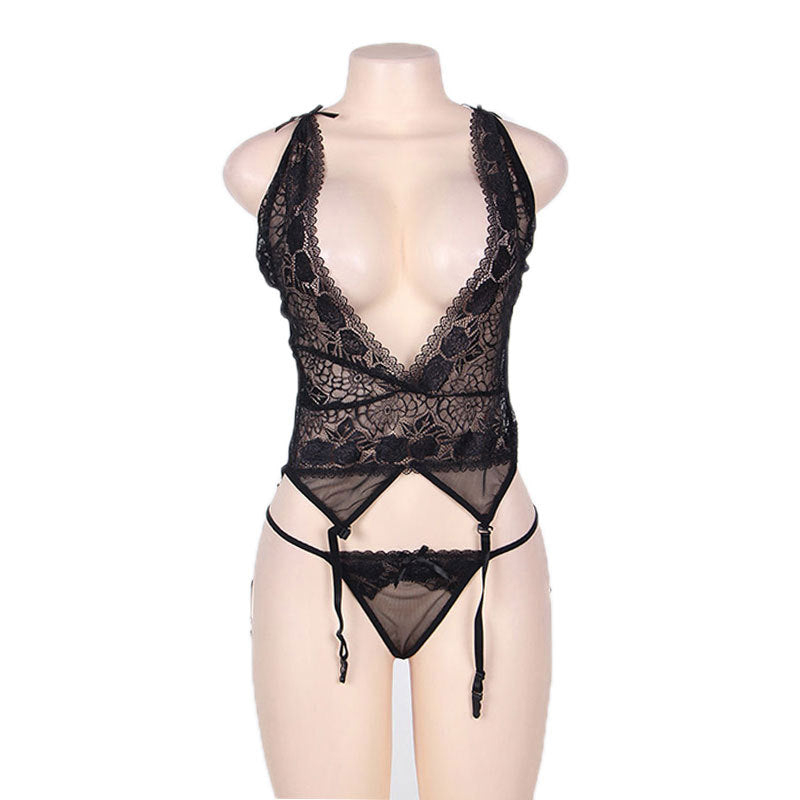 Black Open Back Bodysuit Sheer Lace Sexy Lingerie Mature Hot Teddy