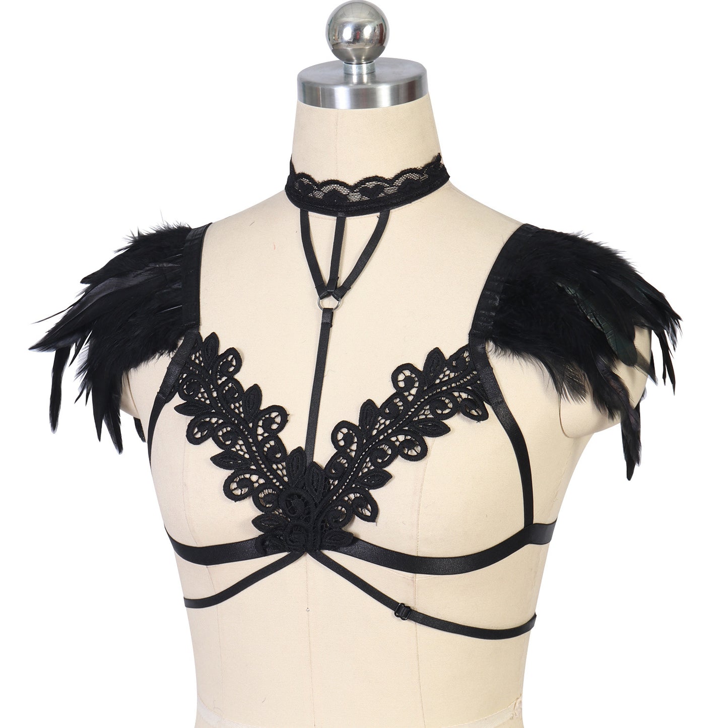 Black Sexy Bra Revealing Bondage Harness Lingerie Feather Bra