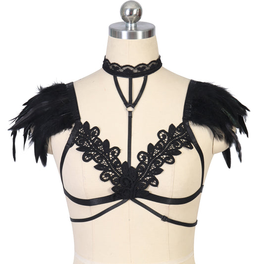 Black Sexy Bra Revealing Bondage Harness Lingerie Feather Bra