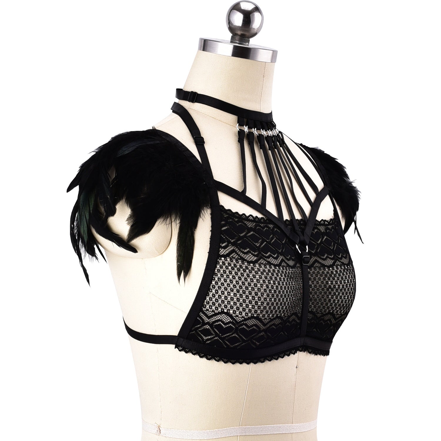 Black Sexy No Bra Revealing Body Harness Lingerie Feather Bra