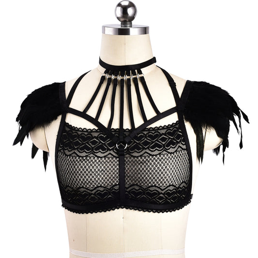 Black Sexy No Bra Revealing Body Harness Lingerie Feather Bra