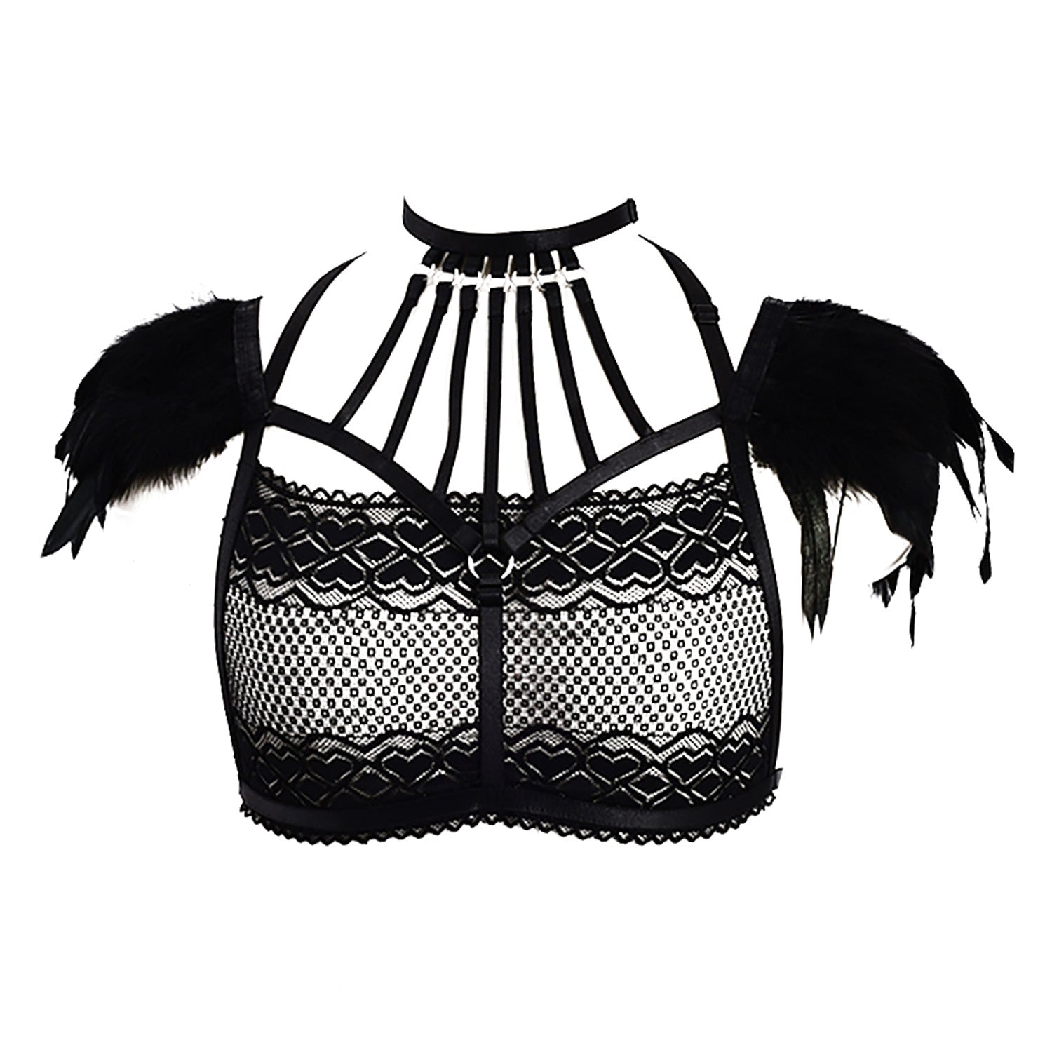 Black Sexy No Bra Revealing Body Harness Lingerie Feather Bra