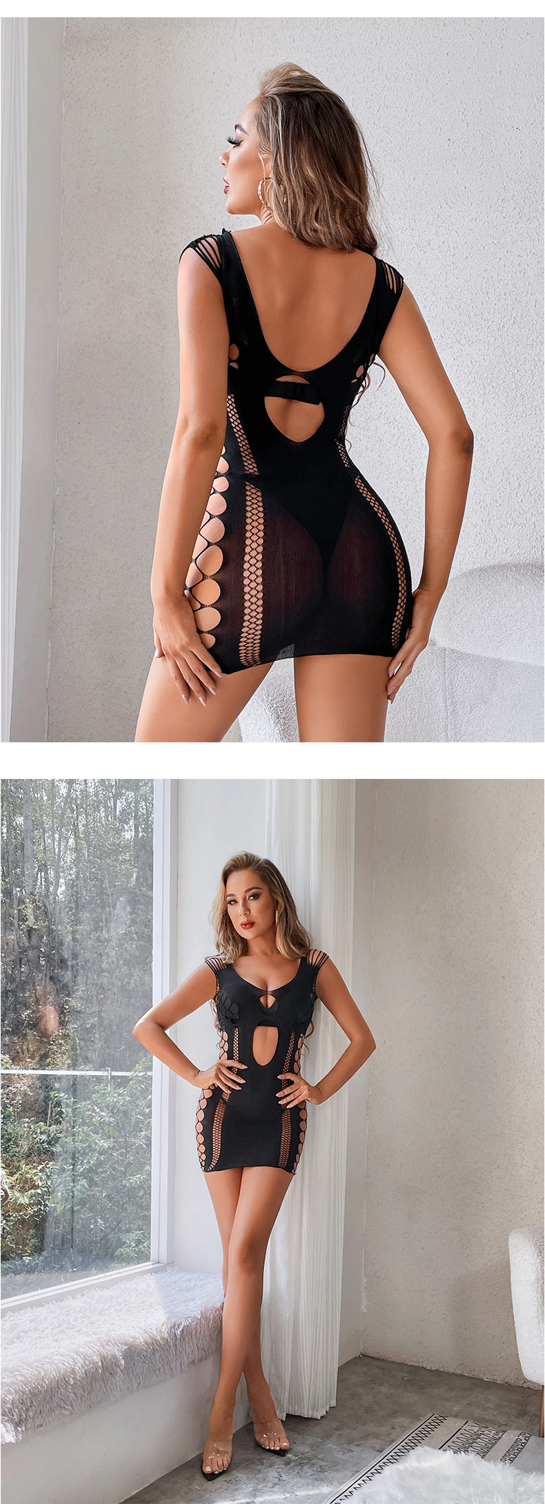 Black Sexy See Thru Dress Hot Mesh Lingerie Set