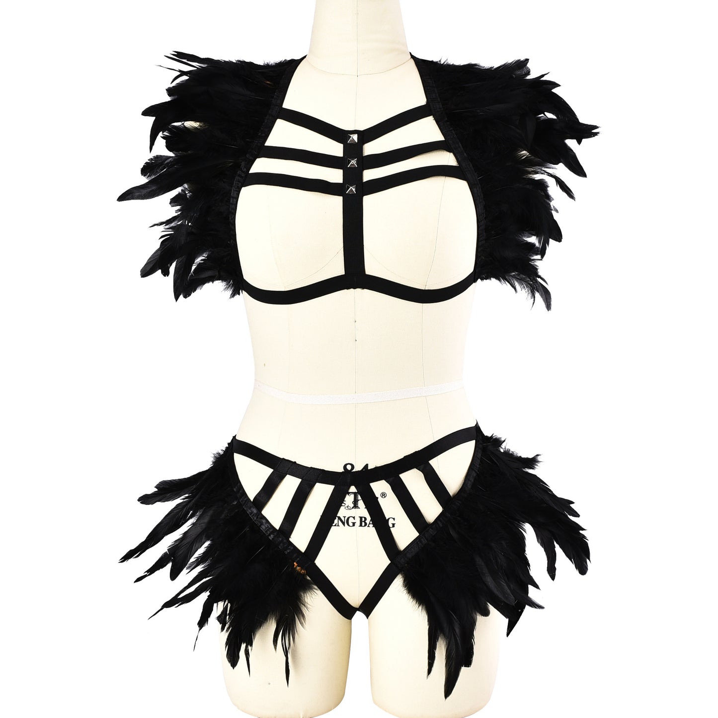 Black Sexy Valentines Lingerie Set Sexy Body Harness Lingerie Feather Bra Panties