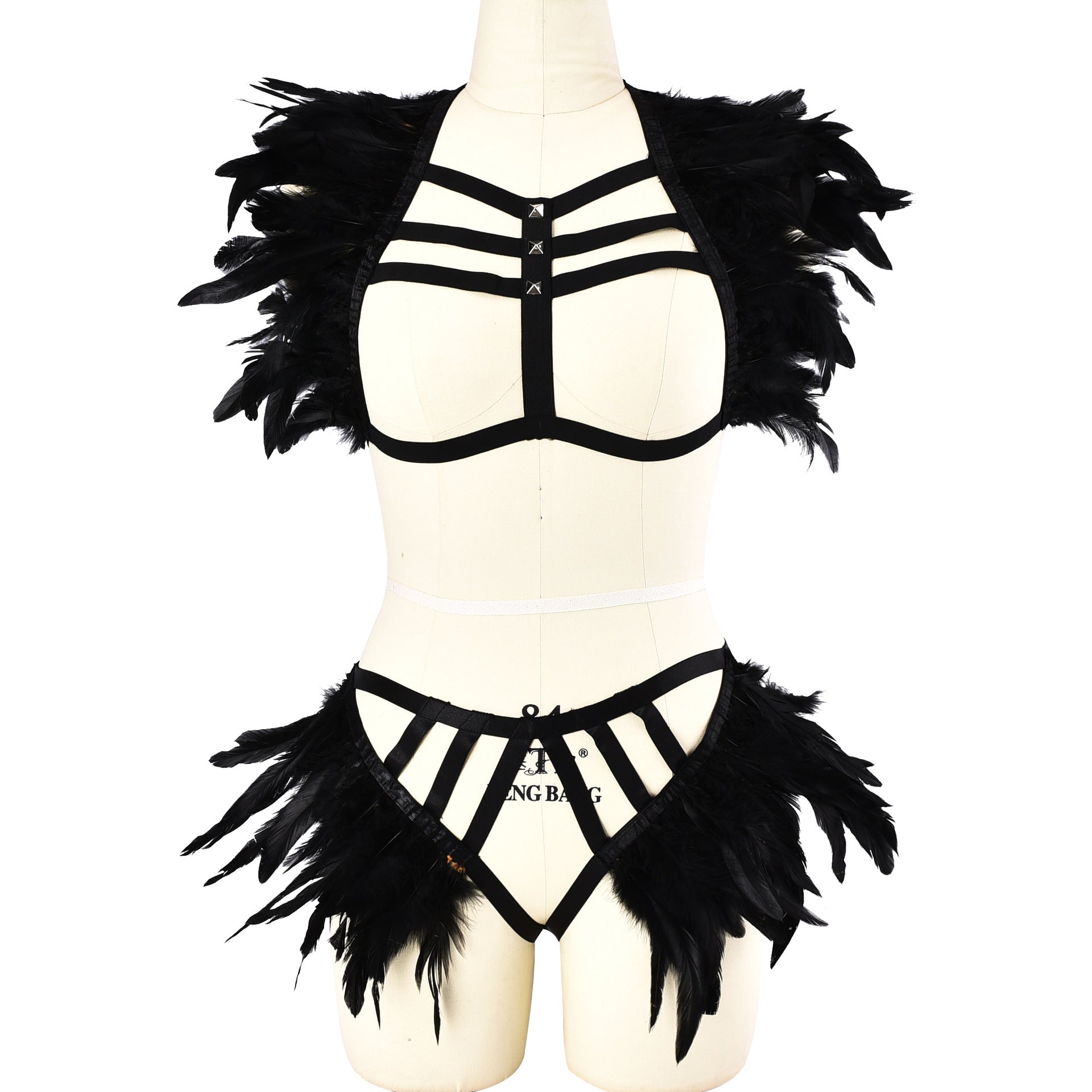 Black Sexy Valentines Lingerie Set Sexy Body Harness Lingerie Feather Bra Panties