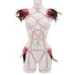 Couples Bodysuit Revealing Strappy Harness Lingerie Feather Bra Panties