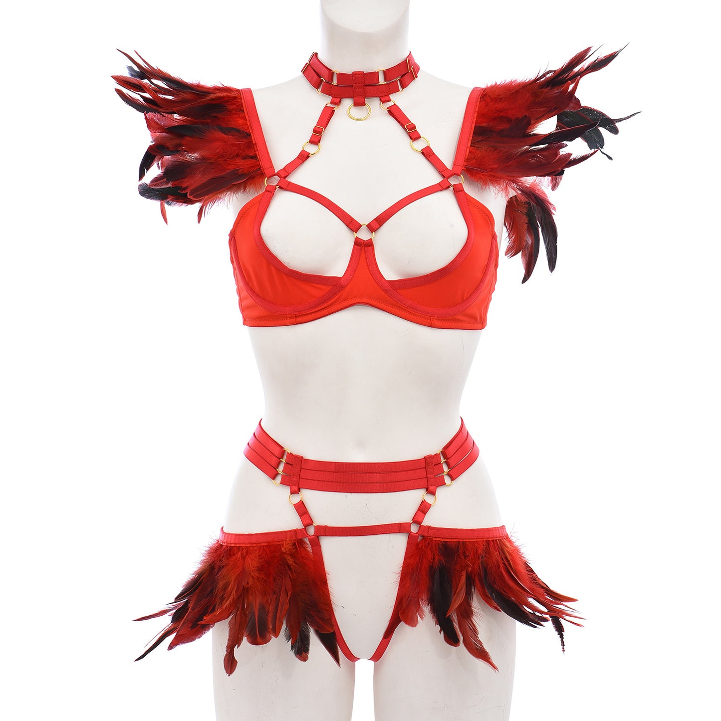 Couples Sexy Blonde Lingerie Set Red Bdsm Harness Lingerie Feather Bra Panties