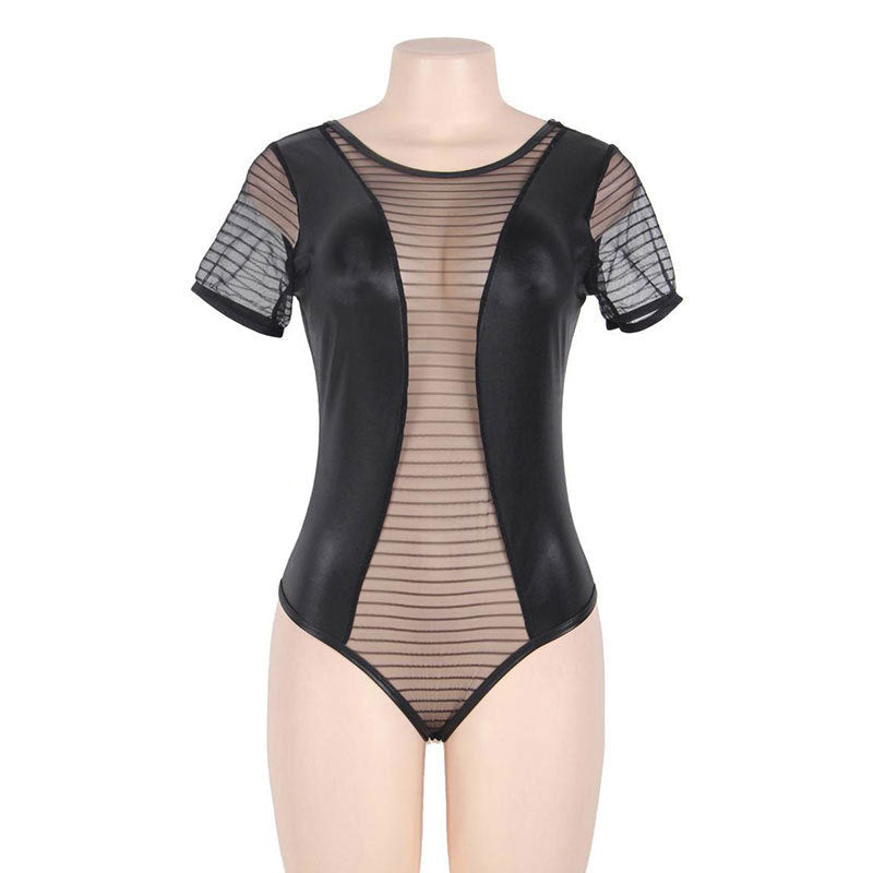 Extreme Leather Bodysuit Black mature women lingerie Slutty Teddy