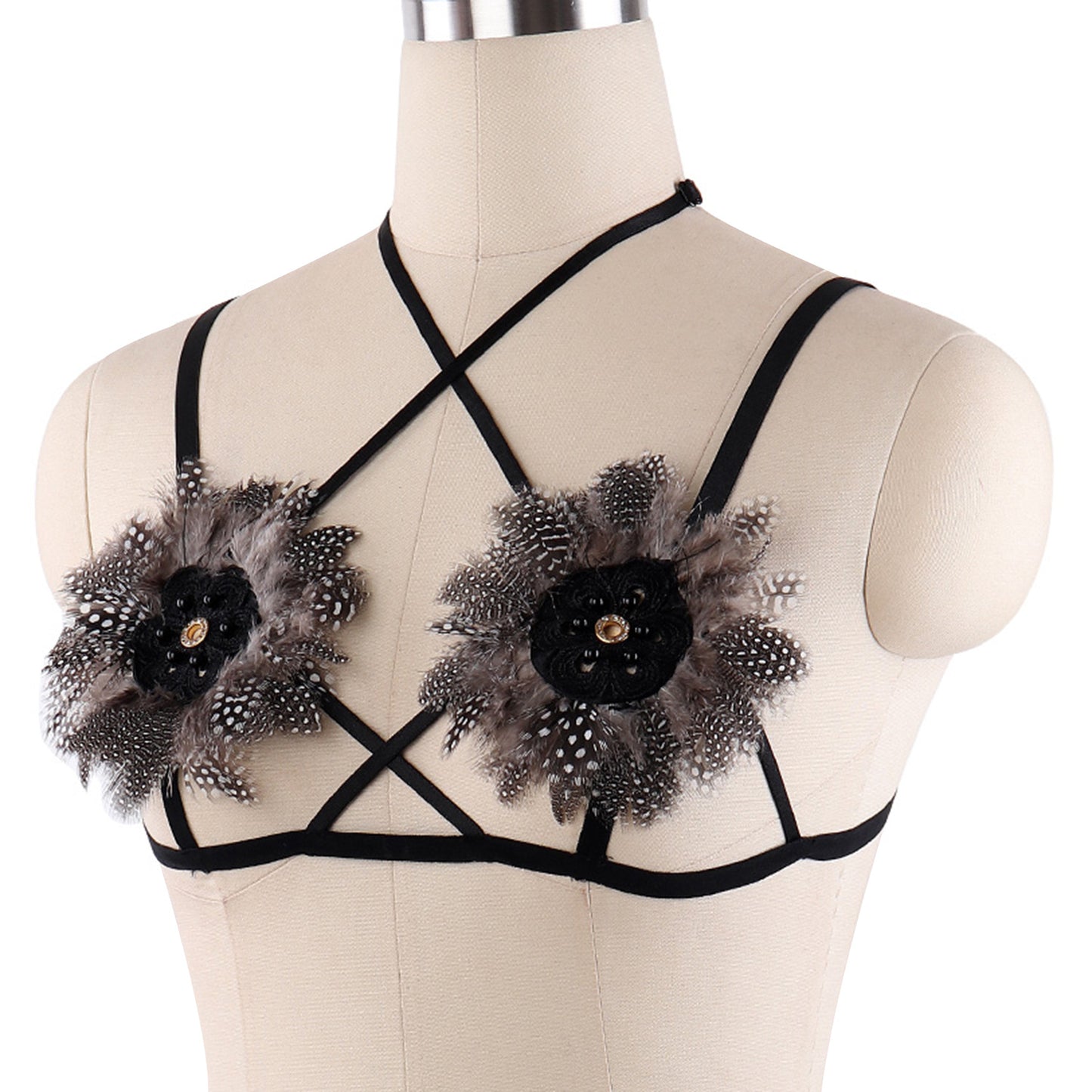 Intimate Sexy No Bra Latina Body Harness Lingerie Feather Bra