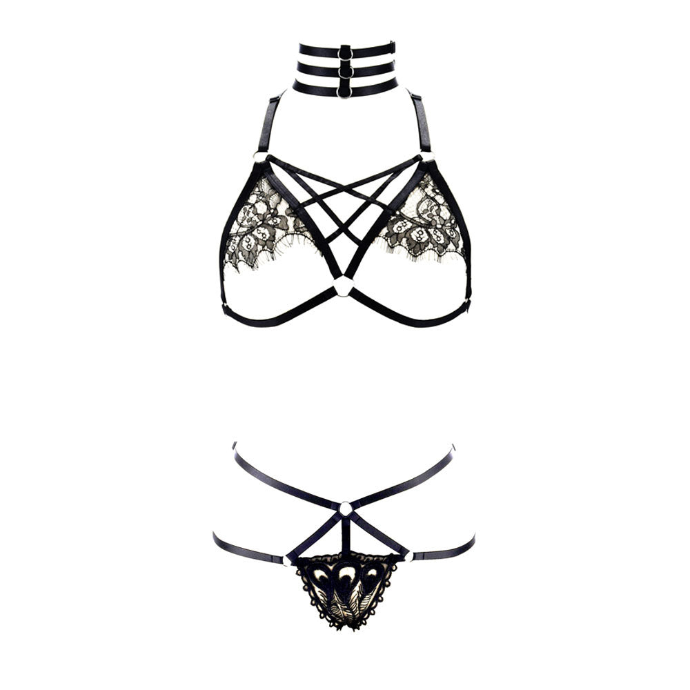 Latina Sexy Black Lingerie Set Nasty Black Body Harness Lingerie Couples Bra Panties