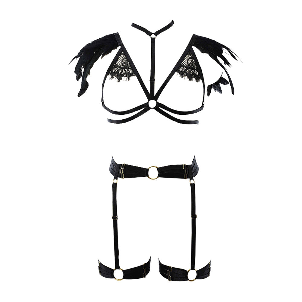 Latina Sexy Black Lingerie Set Nasty Black Body Harness Lingerie Feather Bra Panties