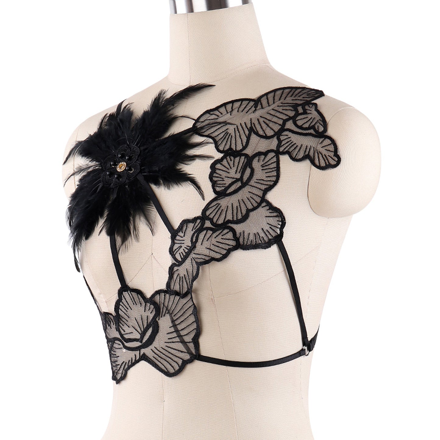 Naughty Bra for Sexy Wife Black Body Harness Lingerie Feather Bra