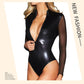 Naughty Long Sleeve Bodysuit Womens Leather Lingerie Sex Teddy