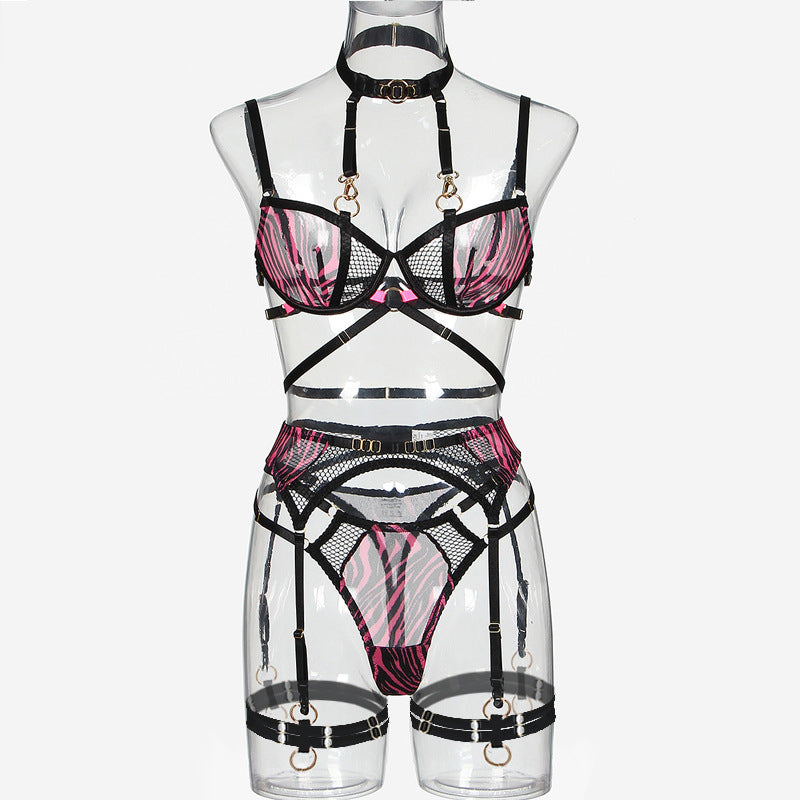 Pink Mesh Cougar In Lingerie Set with Garter Belt