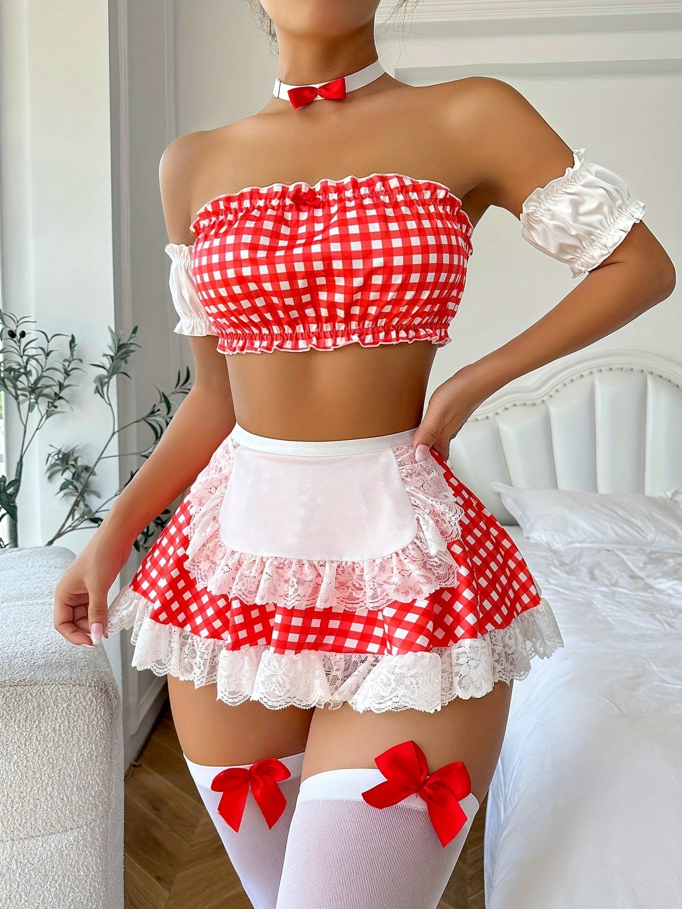 Red Sexy Leather Dress White Anime Maid Lingerie Role Playing Costume