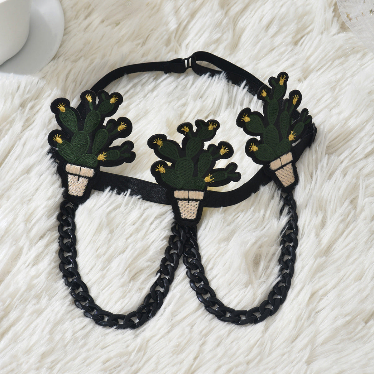 Black Chain Embroidered Cactus Leg Garter