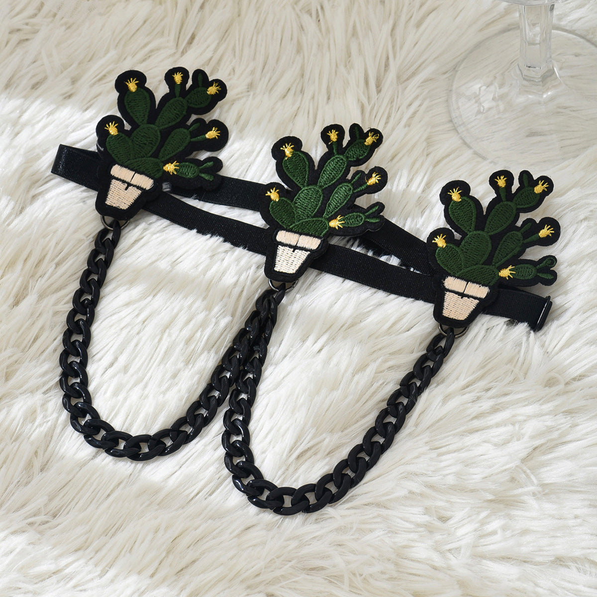 Black Chain Embroidered Cactus Leg Garter