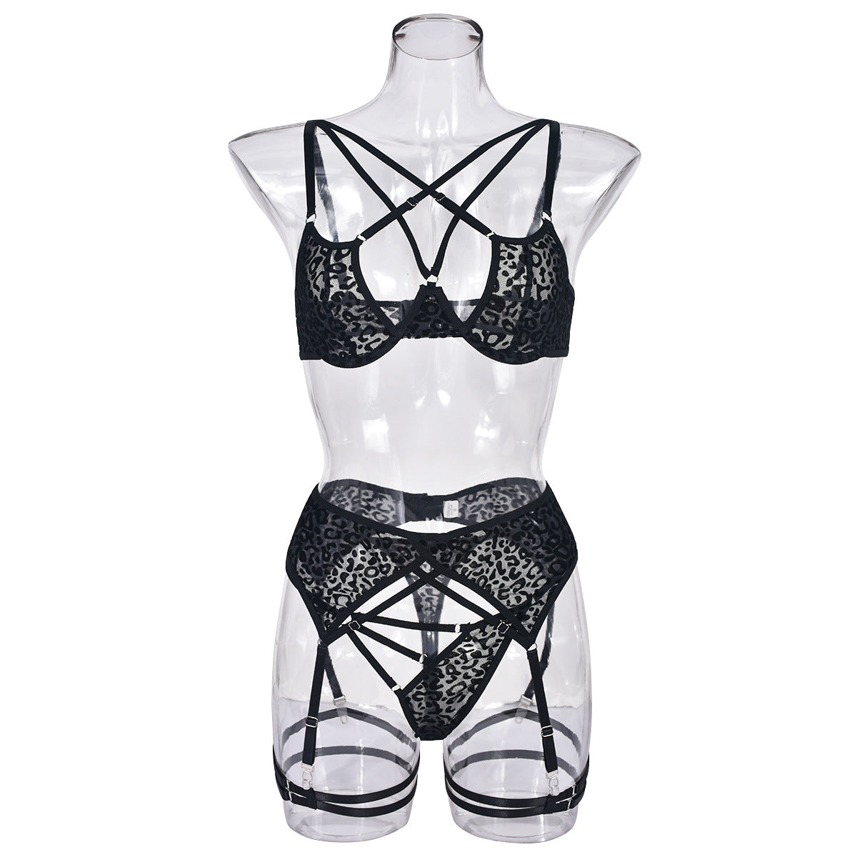 Black Cougar Lingerie Set with Garter Belt