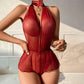 Burgundy Crotchless Bodysuit Uncensored with Choker