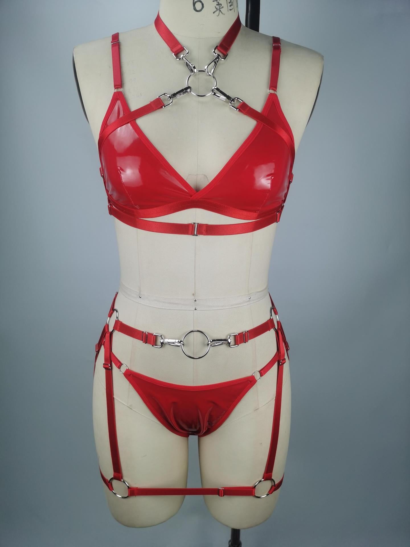 Submissive Womens Leather Lingerie Set Sexiest Bra & Panty Red