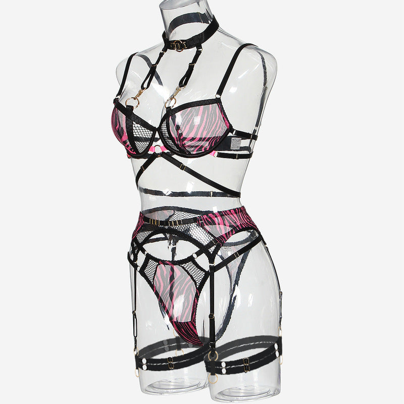 Pink Mesh Cougar In Lingerie Set with Garter Belt